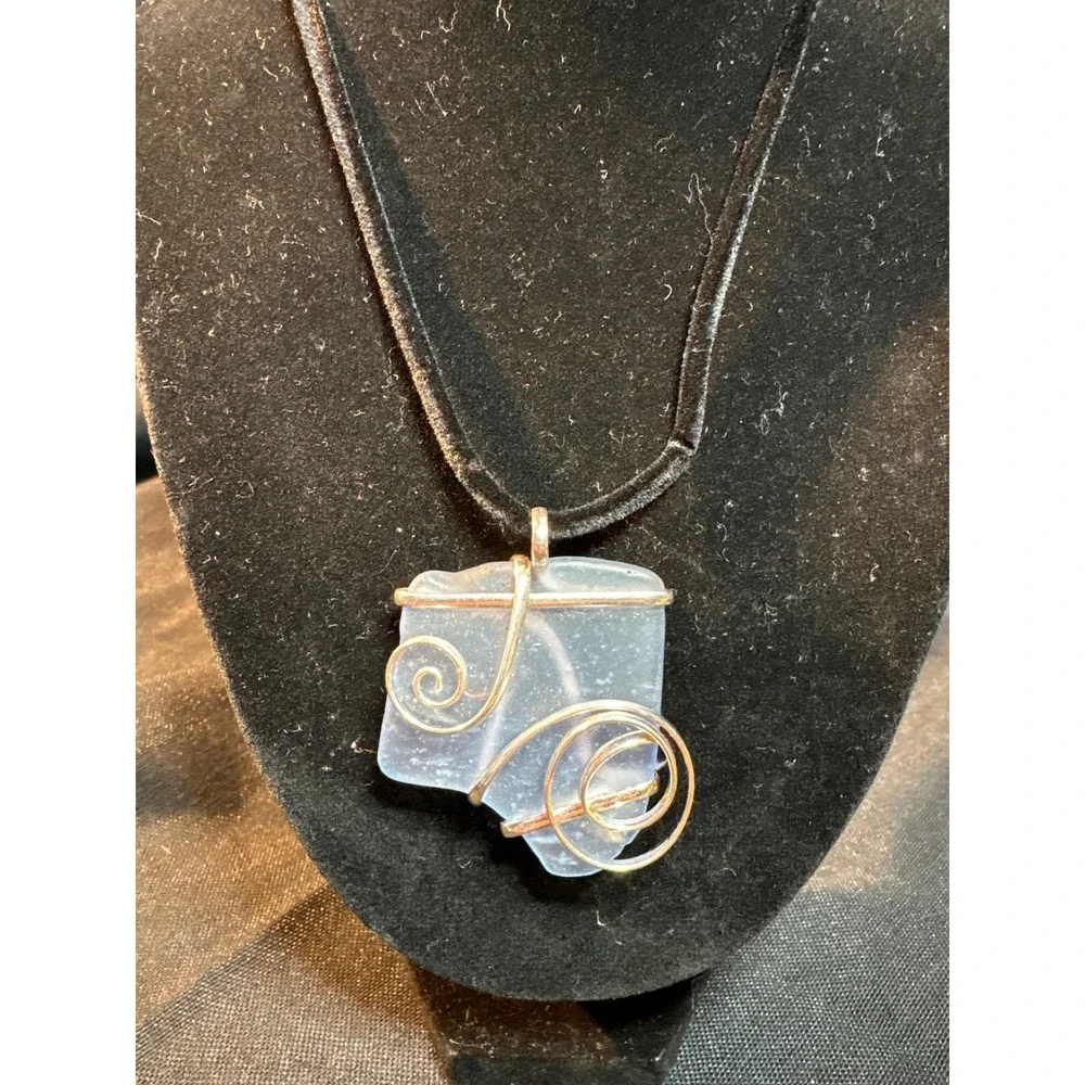 Handcrafted Blue Sea Glass Wire Wrapped‎ Pendant Necklace